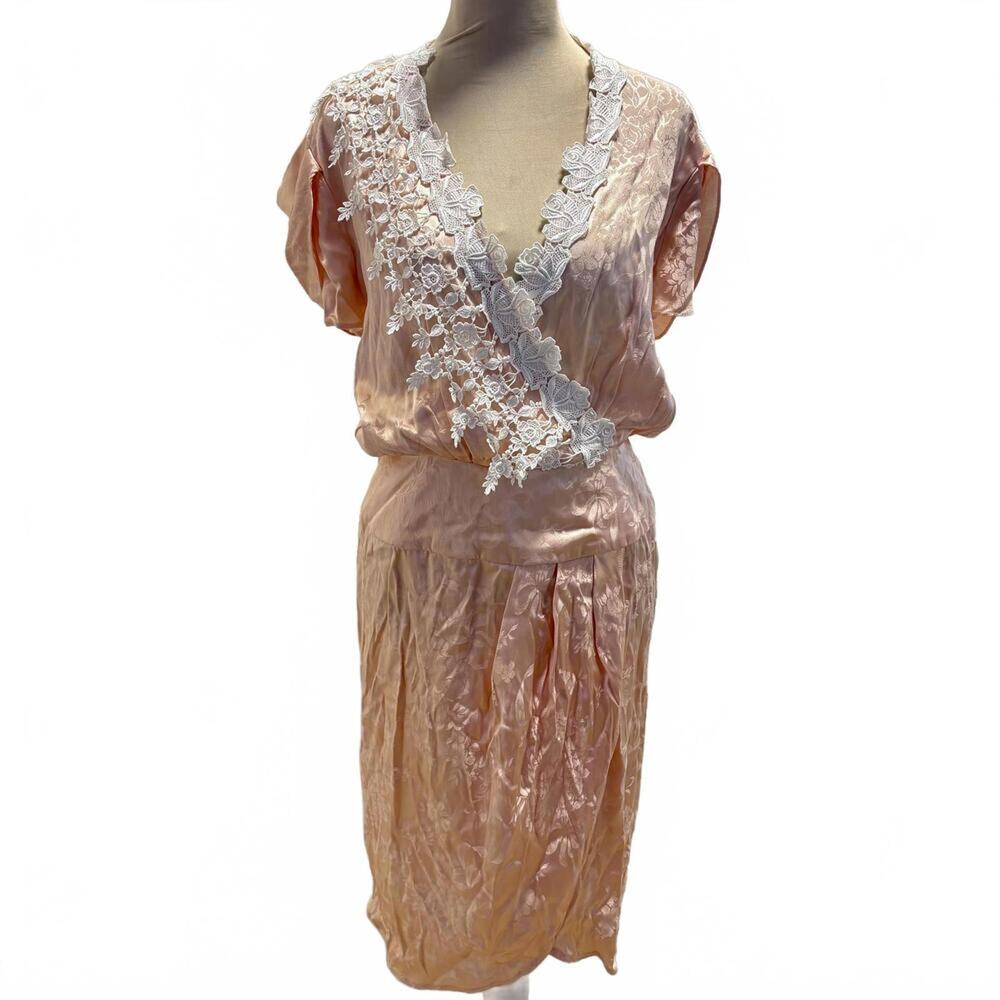 Vintage 70's Jessica McClintock Peach Satin Jacquard Lace Coquette Dress Fairy